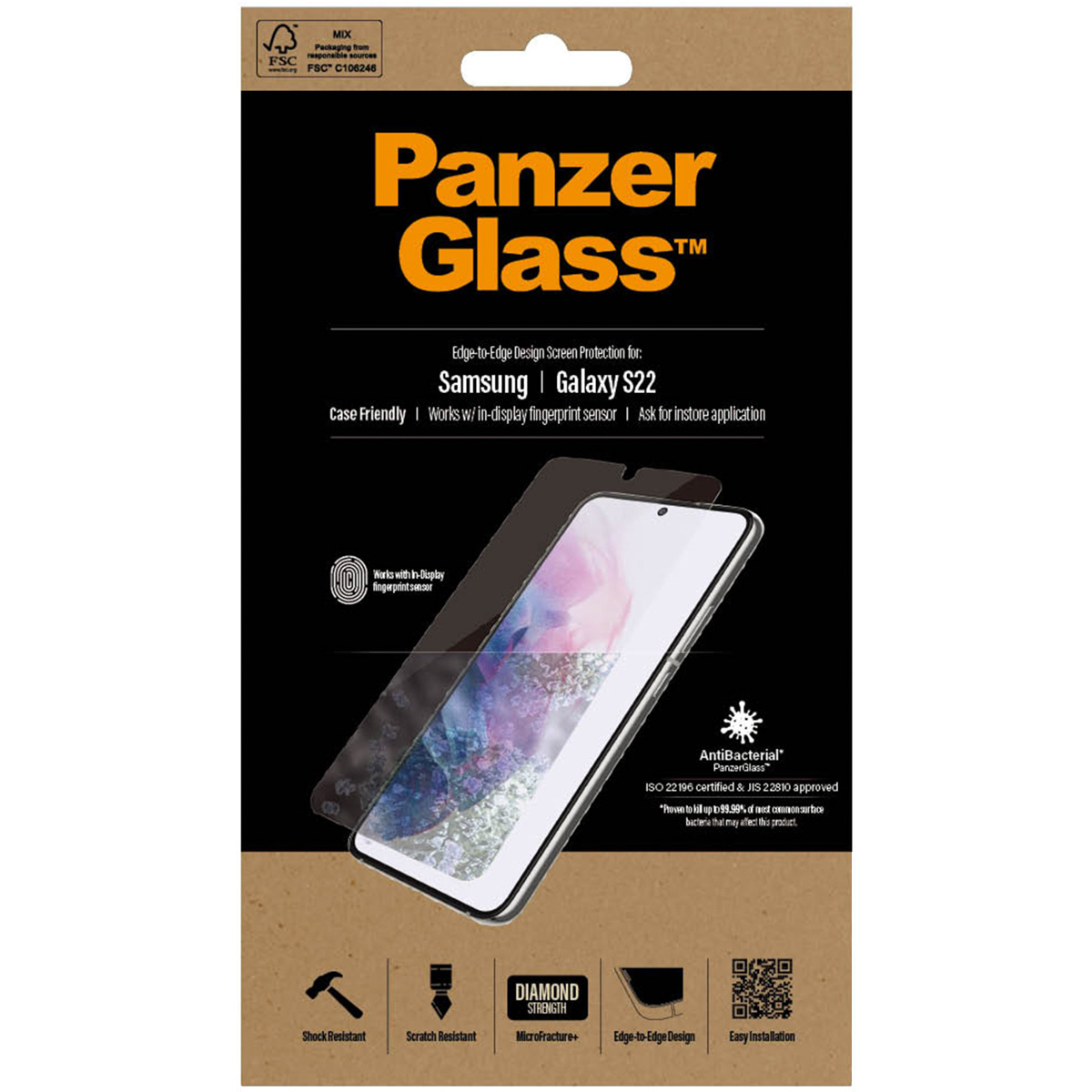 PanzerGlass Anti-Bacterial Case Friendly Screenprotector Samsung Galaxy S22 – Zwart