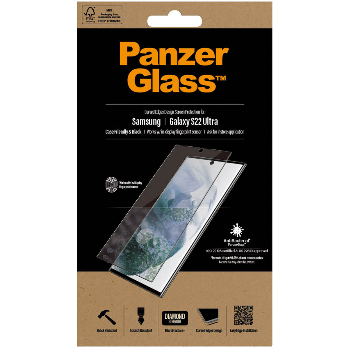 PanzerGlass Anti-Bacterial Case Friendly Screenprotector Samsung Galaxy S22 Ultra – Zwart