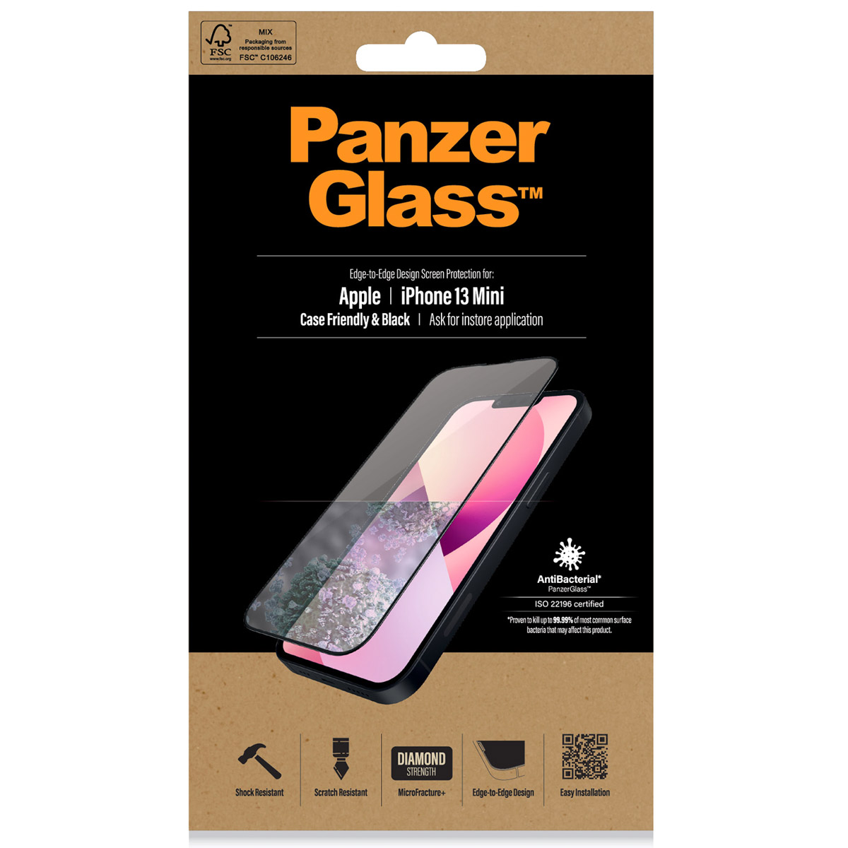PanzerGlass Anti-Bacterial CaseFriendly Screenprotector Apple iPhone 13 Mini – Zwart