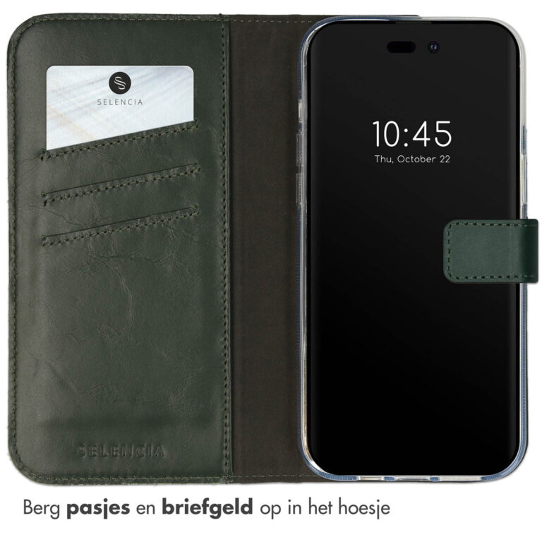 Selencia Echt Leren Bookcase iPhone 14 Pro - Groen - Afbeelding 3