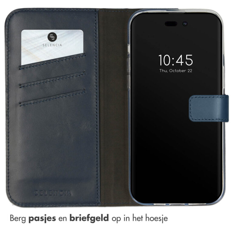 Selencia Echt Leren Bookcase iPhone 14 Pro Max - Blauw - Afbeelding 3