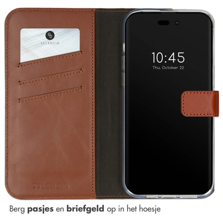 Selencia Echt Leren Bookcase iPhone 14 Pro Max - Lichtbruin - Afbeelding 3