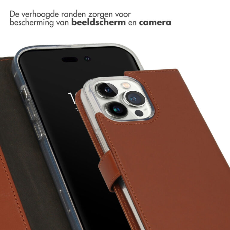 Selencia Echt Leren Bookcase iPhone 14 Pro Max - Lichtbruin - Afbeelding 2